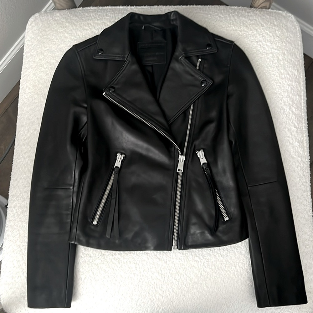 All Saints black leather jacket size 00 slim fit